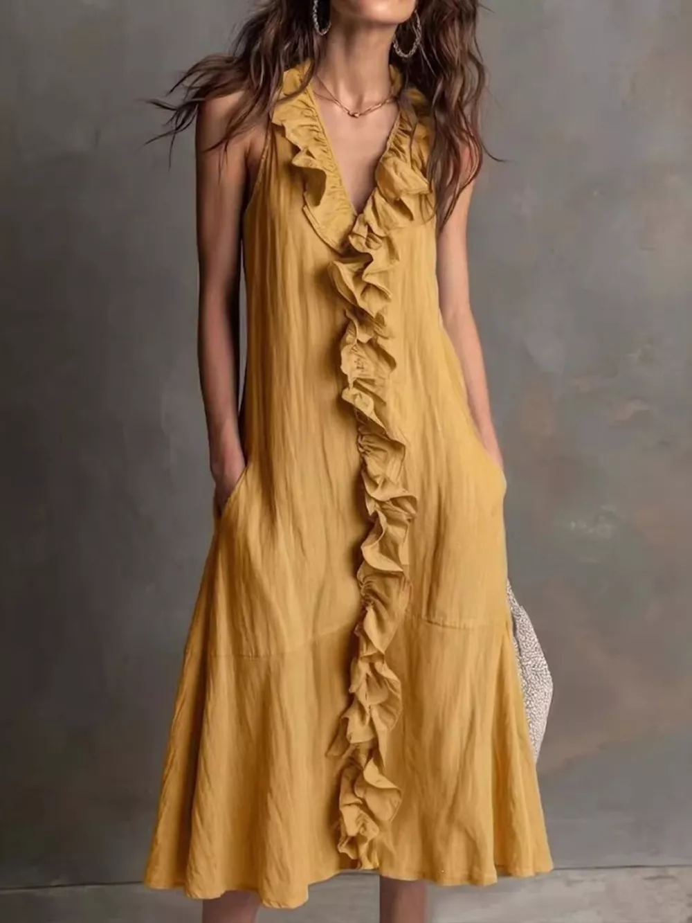 Sleeveless Ruffle Trim V-Neck Midi Dress, image 11