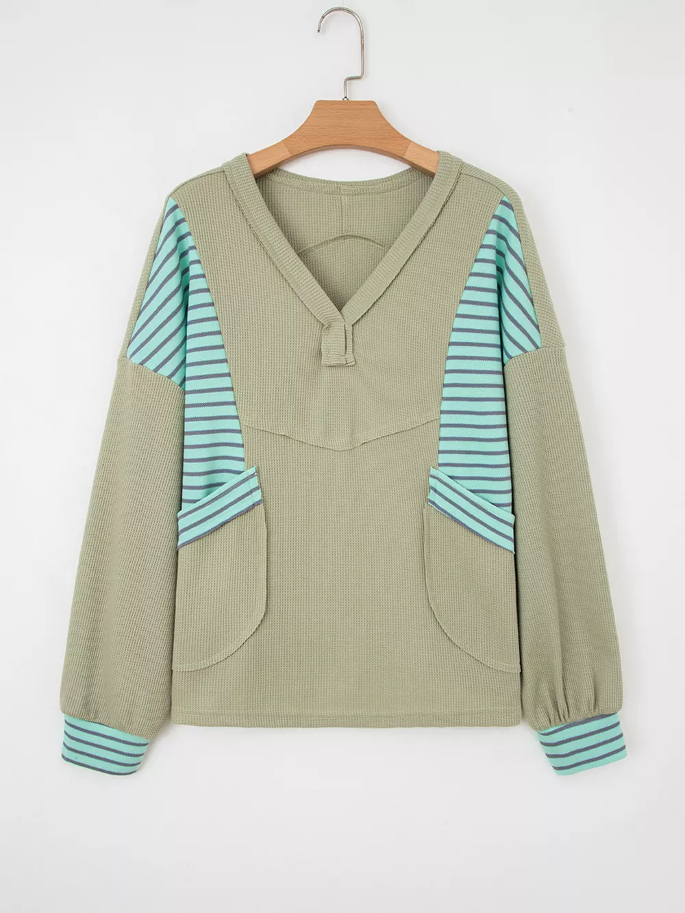 Exposed Seam Waffle Striped Patchwork Baggy Blouse, image 5