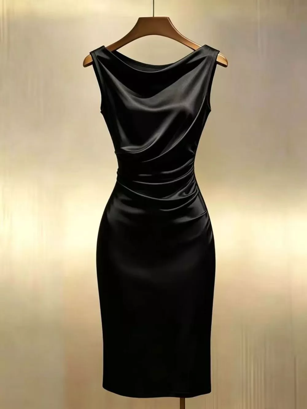 Satin Cowl Neck Ruched Sleeveless Dress