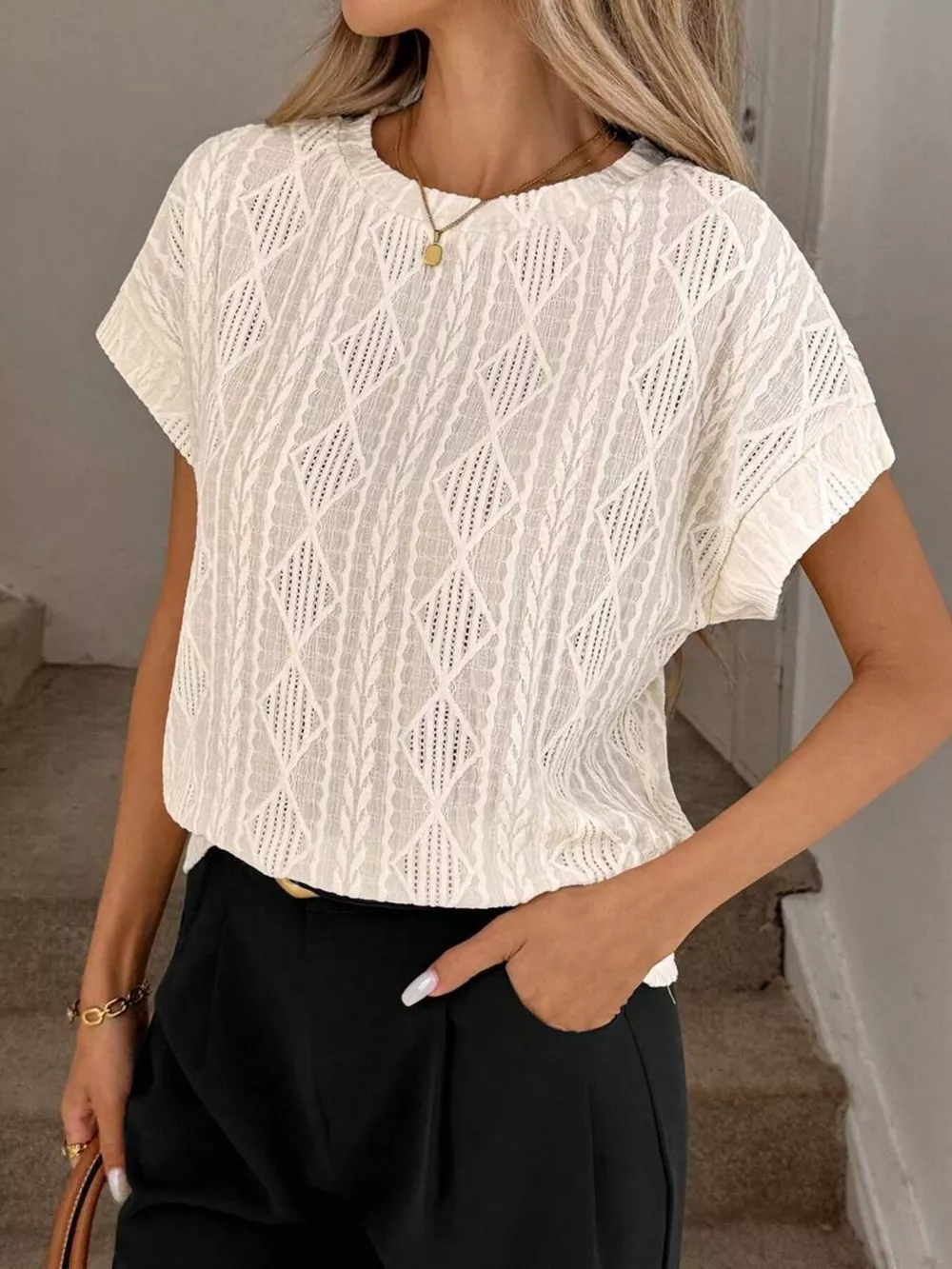 Diamond Pattern Round Neck Top