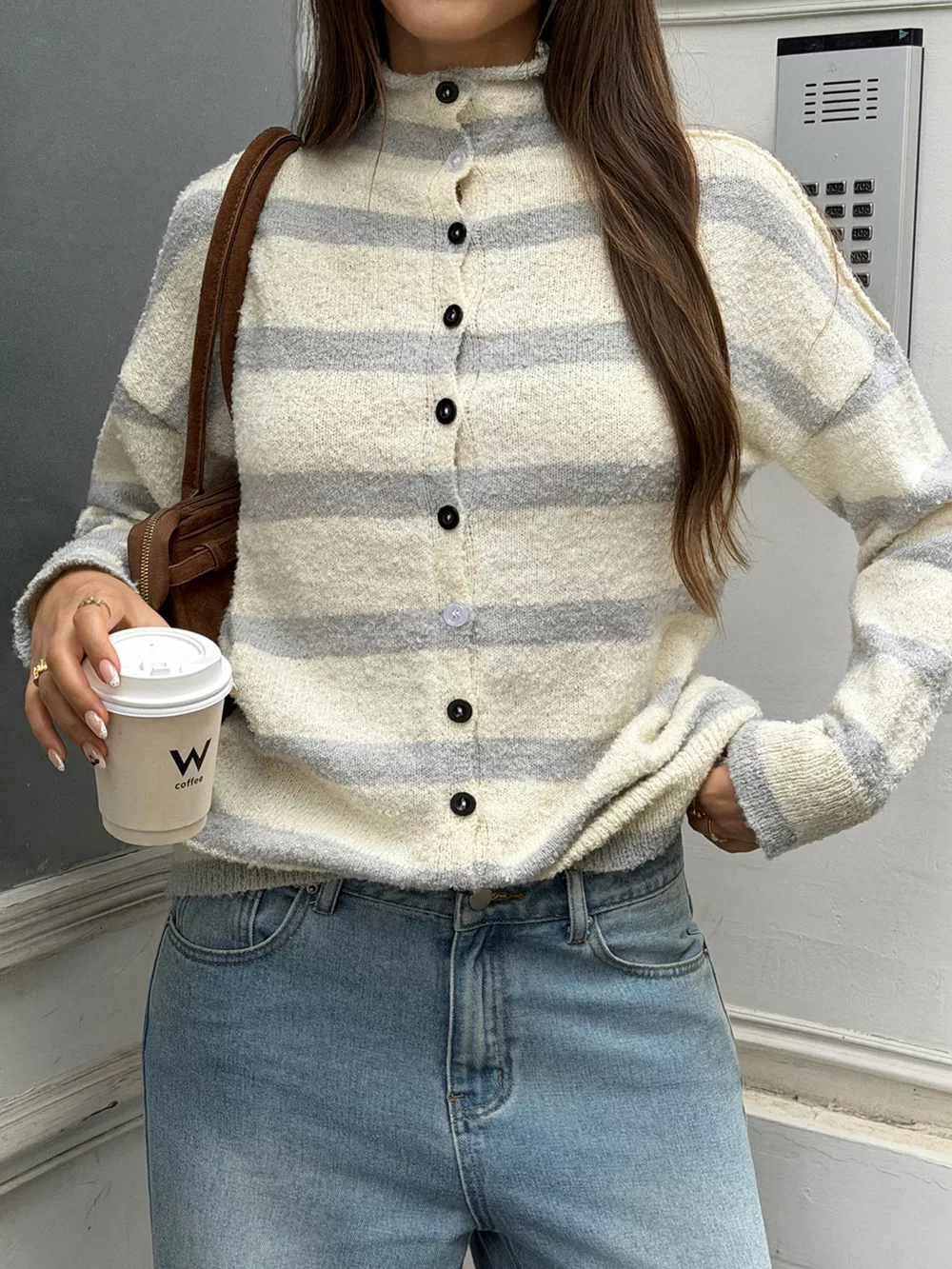 Striped Mock Neck Button-Down Textured Cardigan, image 3