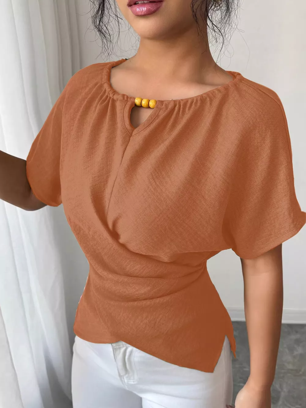 Beaded Neckline Short Sleeve Blouse, image 12