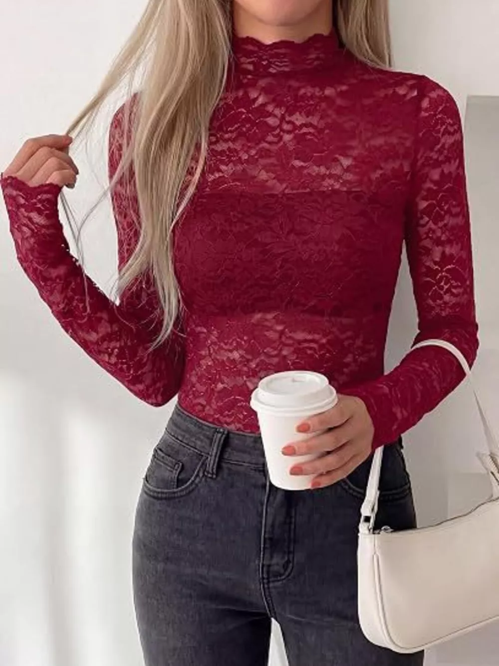Mock Neck Floral Lace Long Sleeve Blouse, image 8