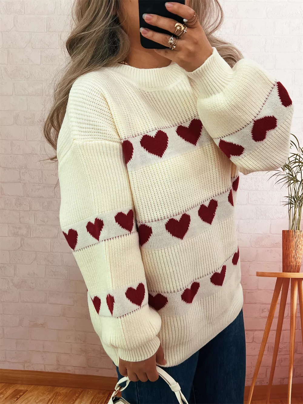 Heart Pattern Dropped Shoulder Sweater, image 3