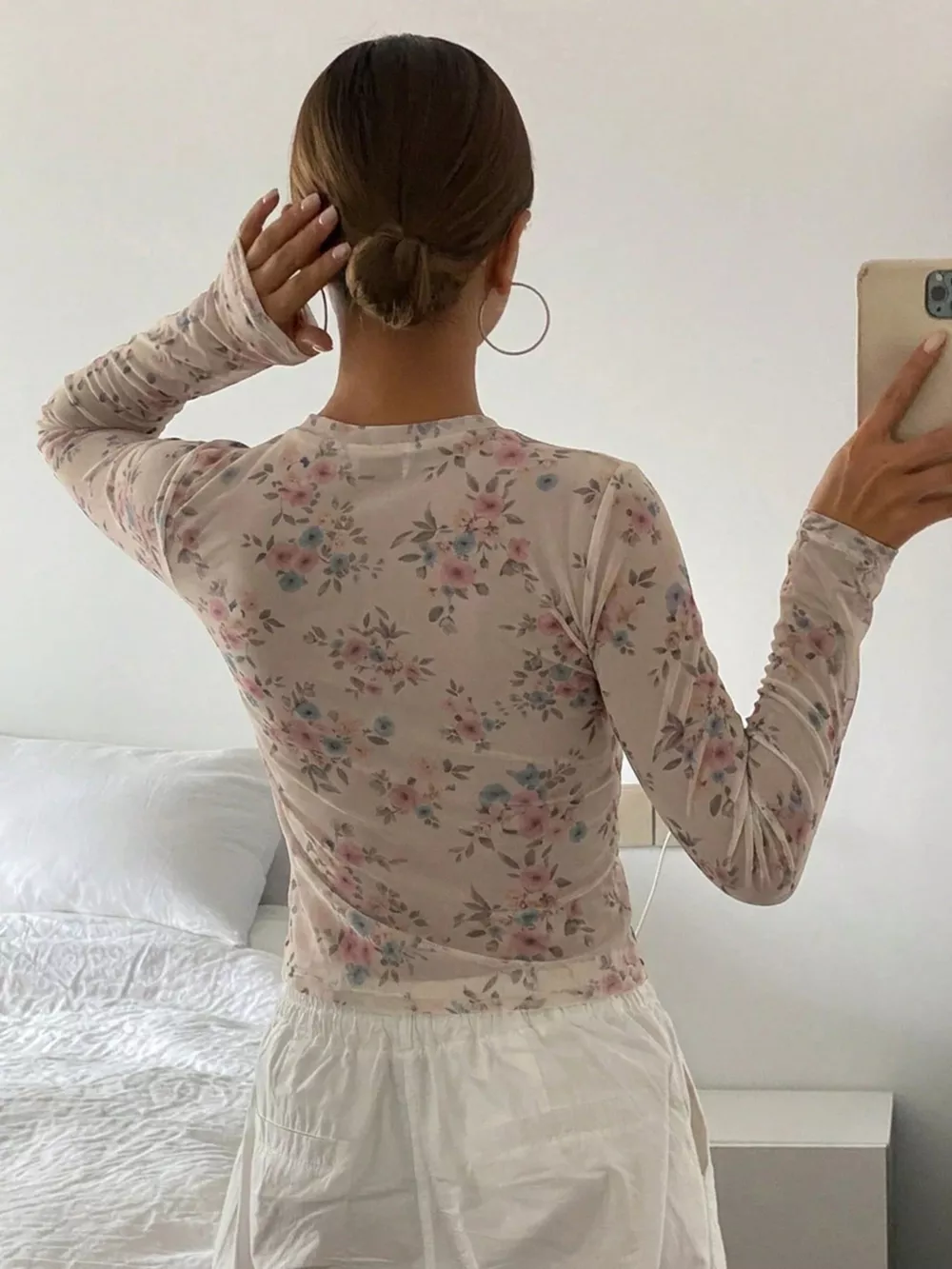 Sheer Floral Print Long Sleeve T-Shirt, image 4