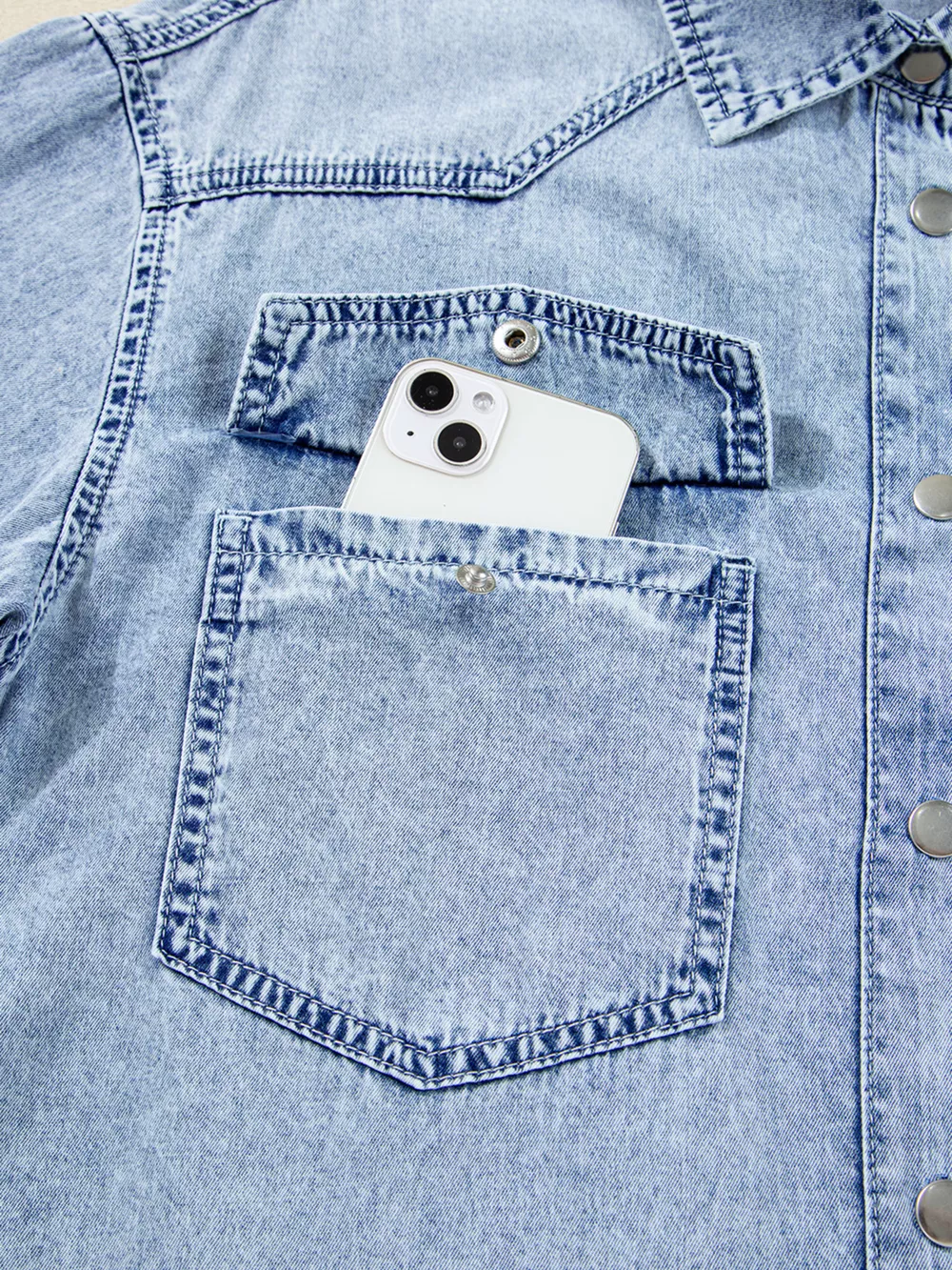 Chest Pocket Raw Hem Denim Loose Shirt Dress, image 9
