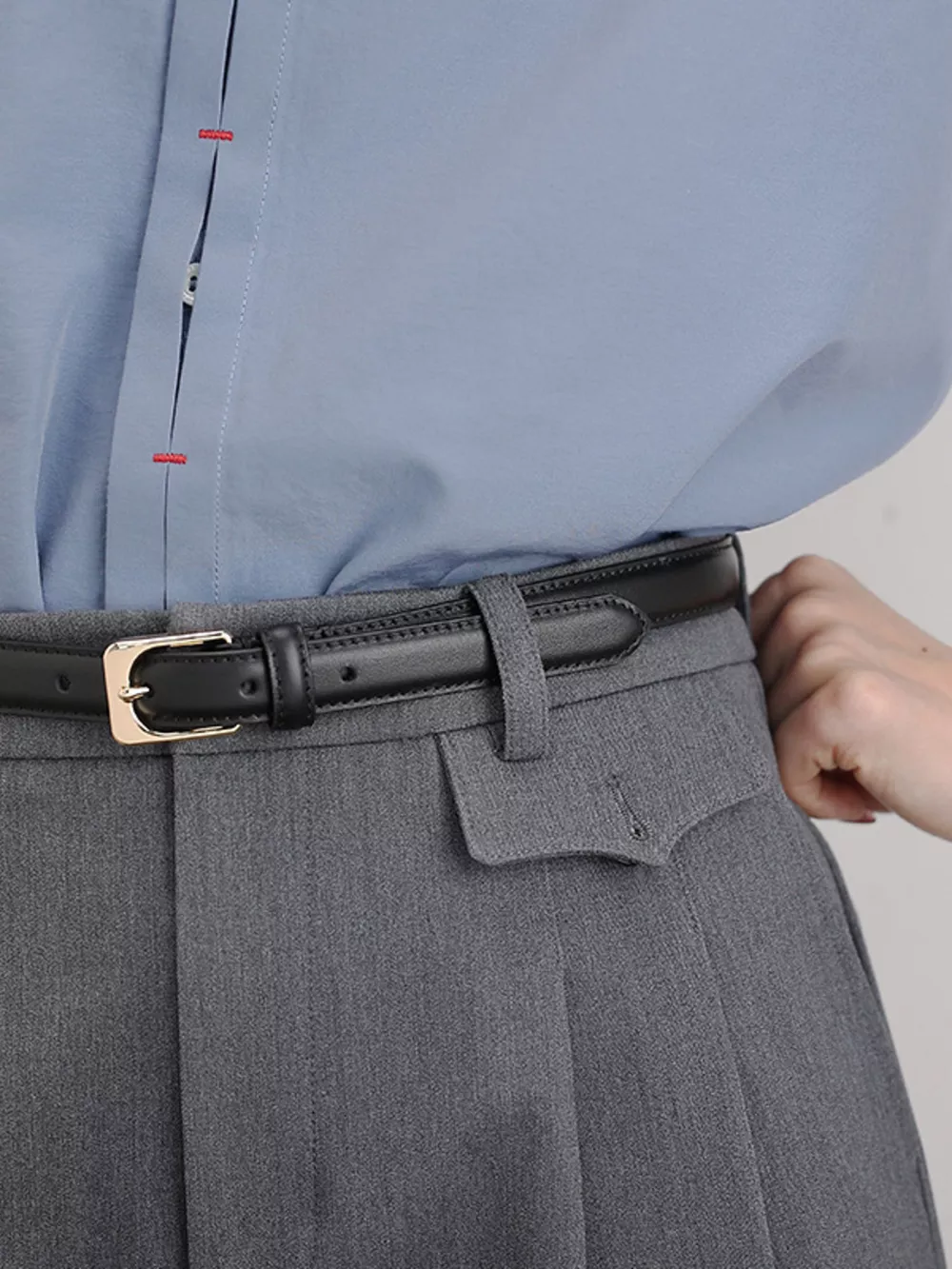 Skinny Leather Belt with Golden Buckle, image 2