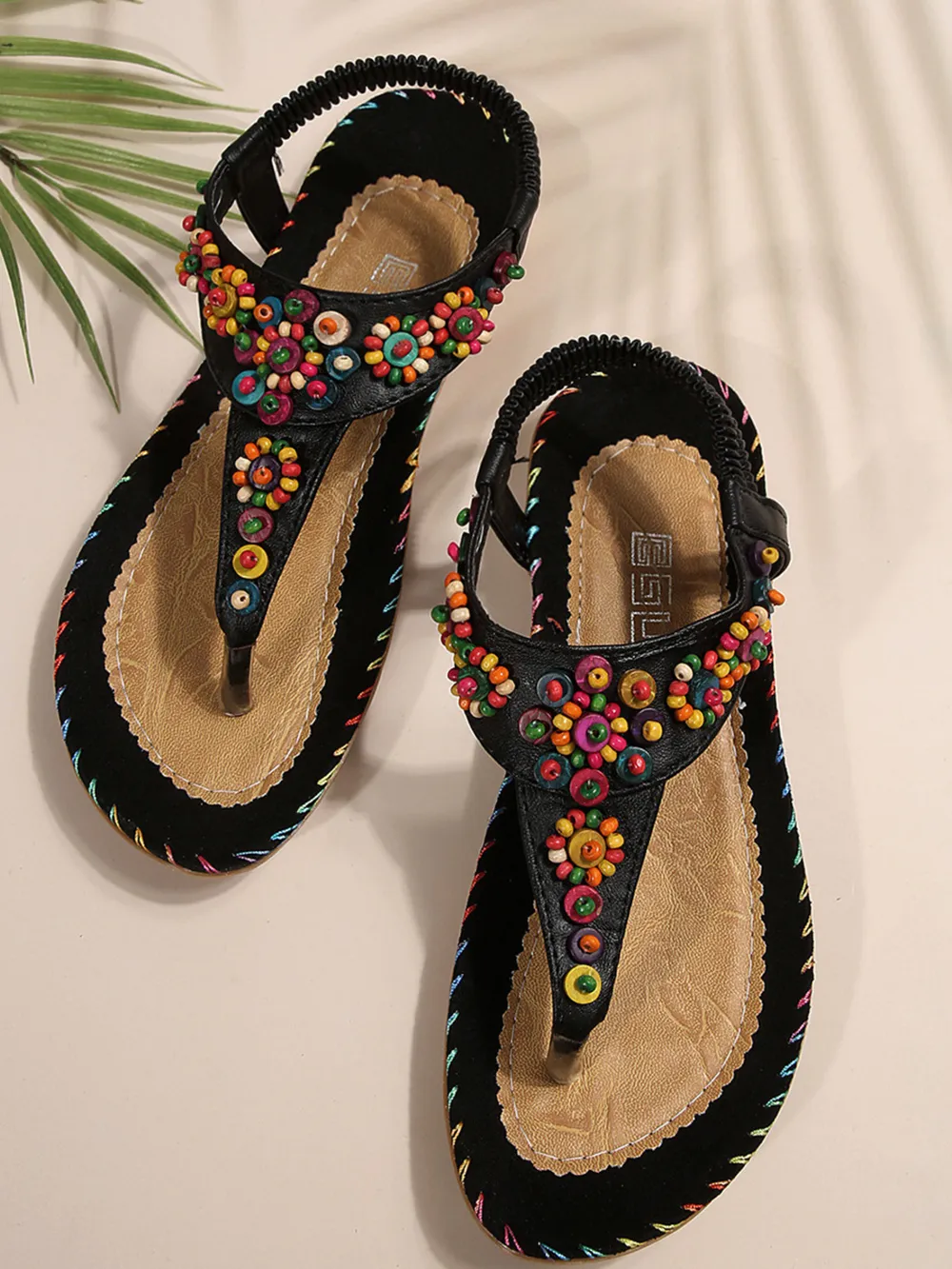 Colorful Beaded T-Strap Flat Sandals
