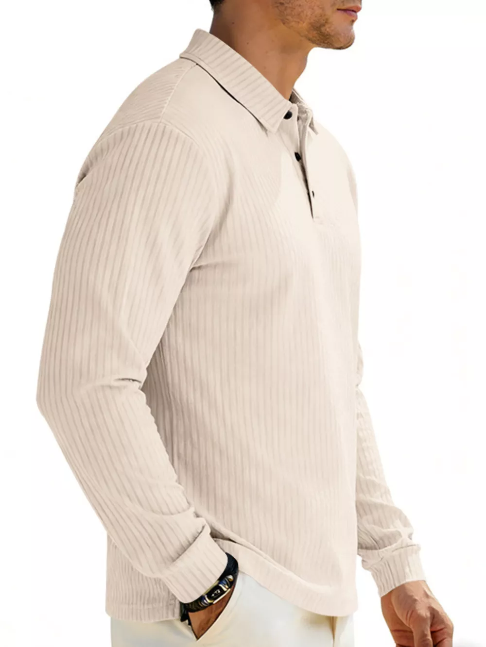 Men's Full Size Ribbed Long Sleeve Polo with Button Detail Plus Size, image 7