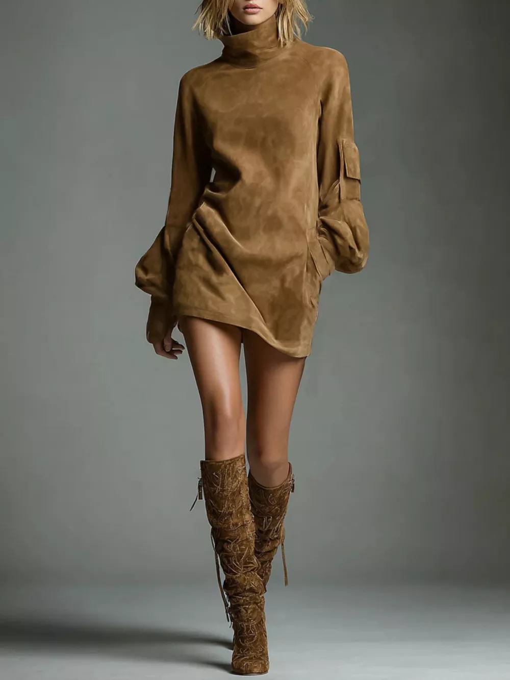 Full Size Suede Turtleneck Lantern Sleeve Mini Dress Plus Size, image 2