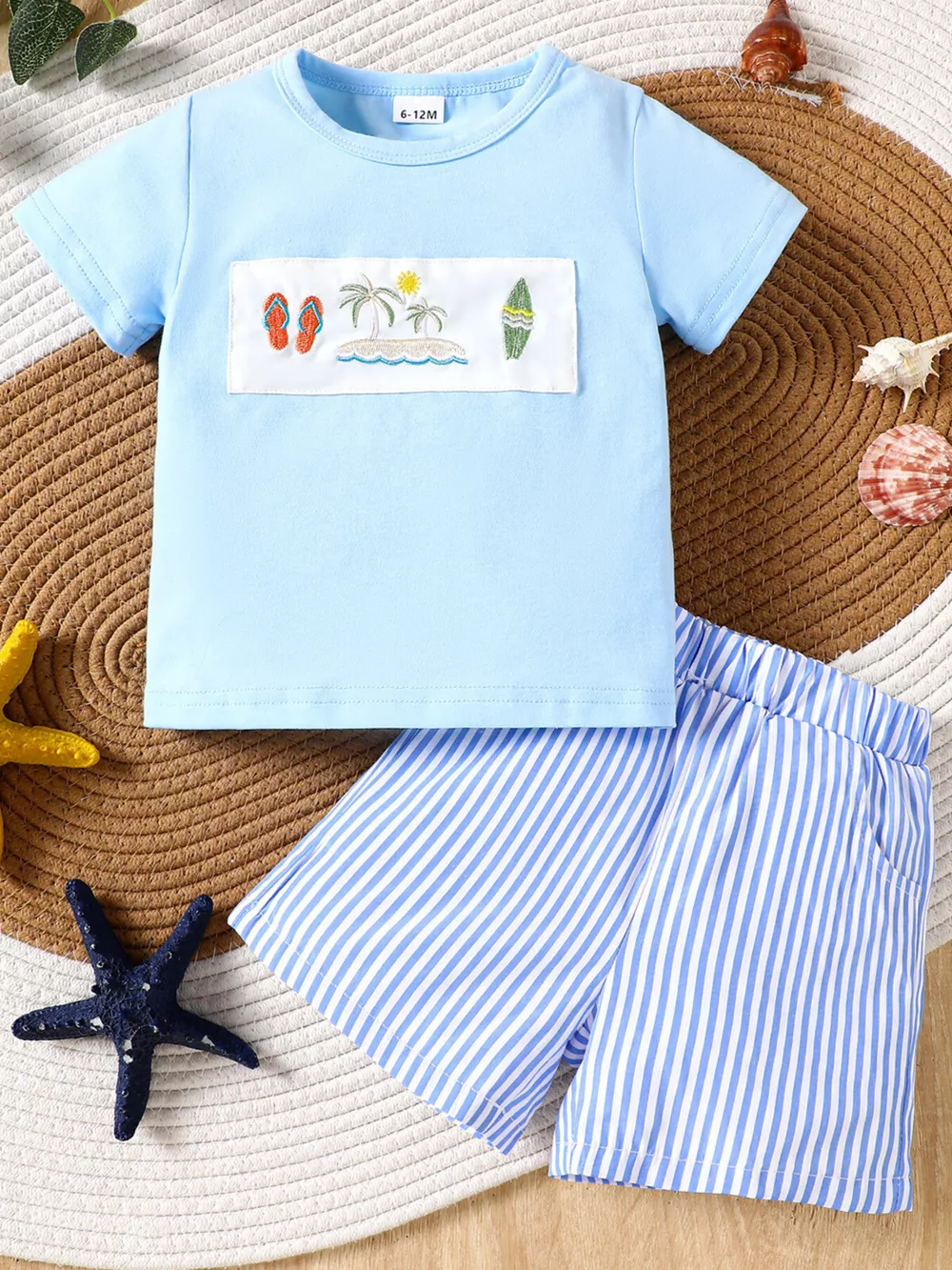 Children's Shark Embroidered T-shirt and Striped Shorts Set, image 6