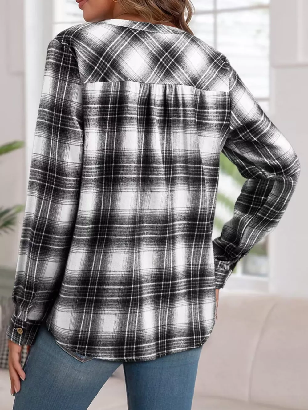 Plaid Half Button Long Sleeve Blouse, image 24