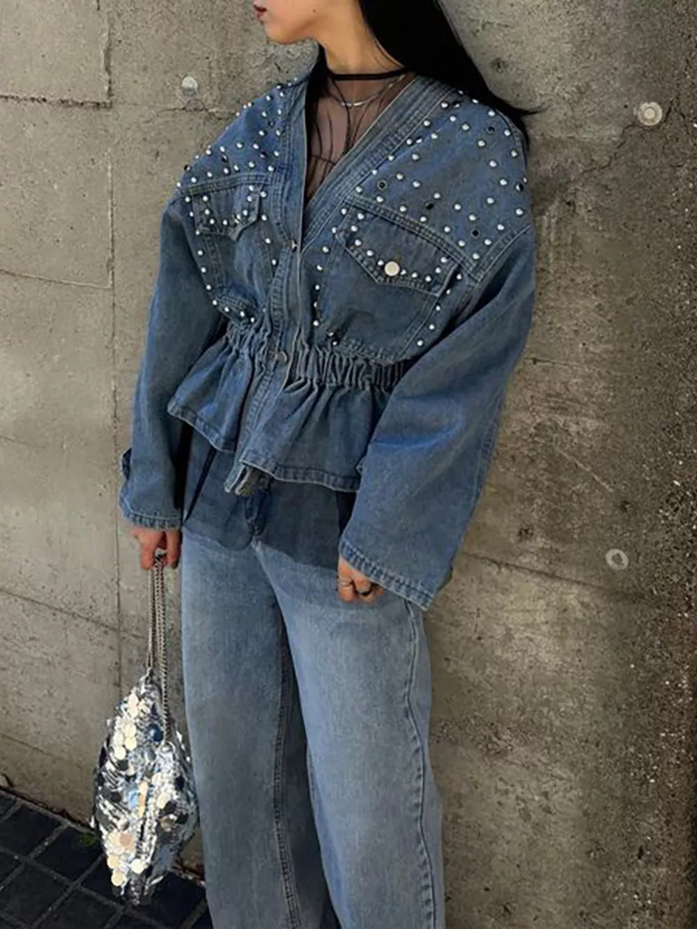 Studded Button Up Denim Jacket, image 4