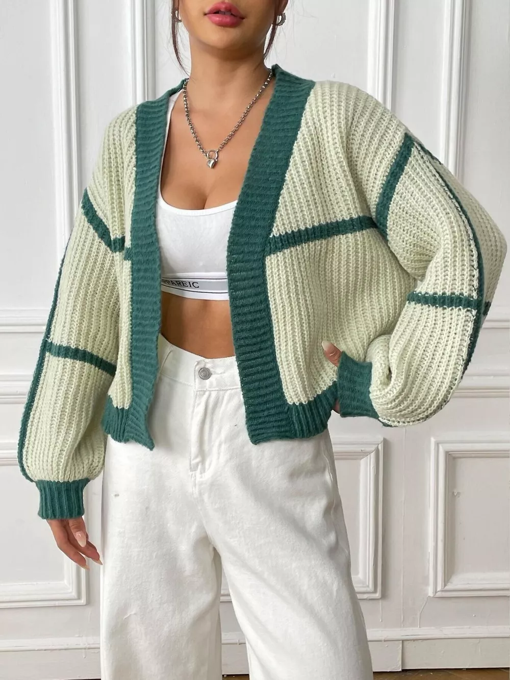 Color-Block Ribbed Knit Open-Front Cropped Cardigan, image 8