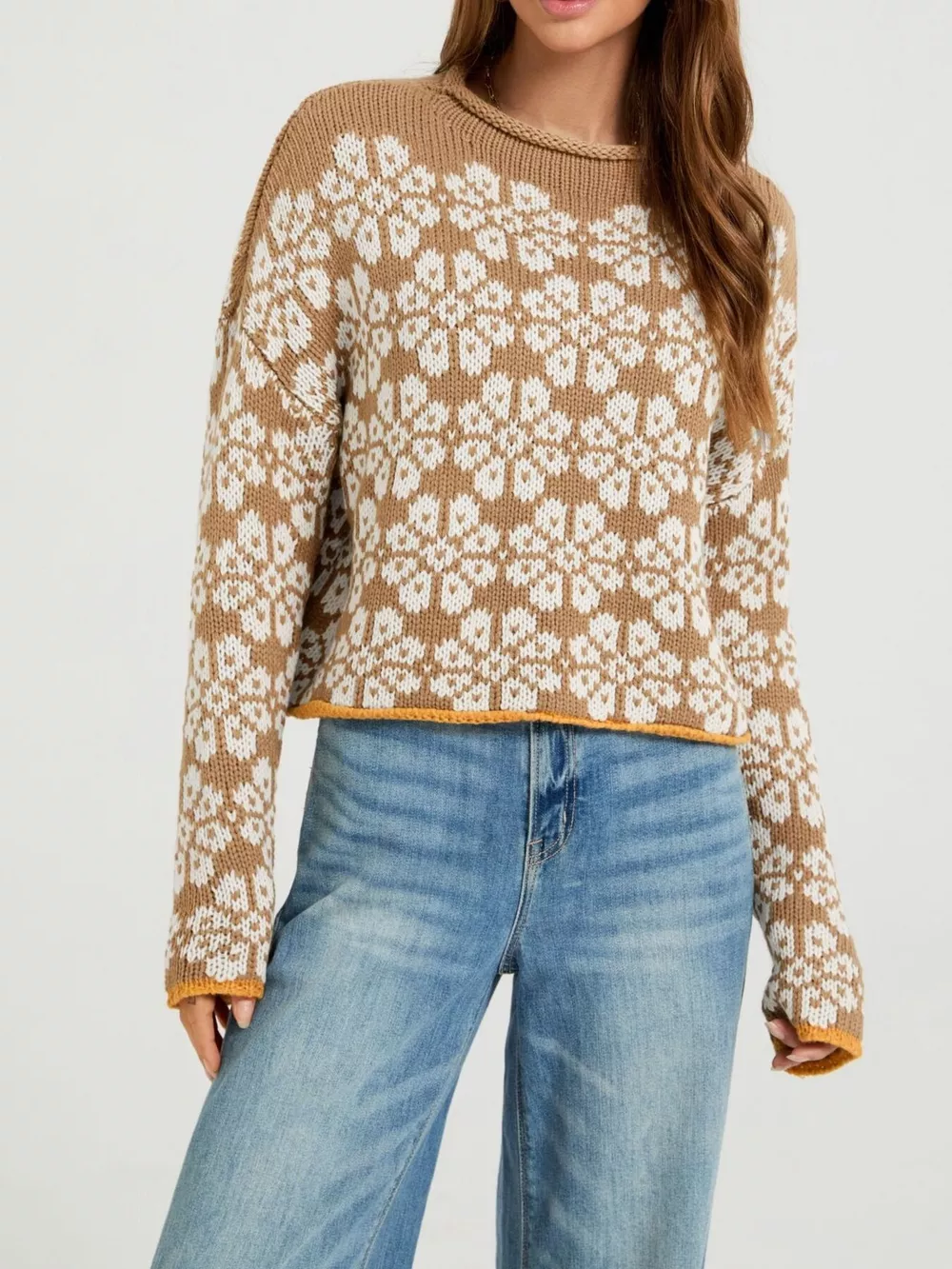 Floral Contrast Trim Dropped Shoulder Sweater, image 5