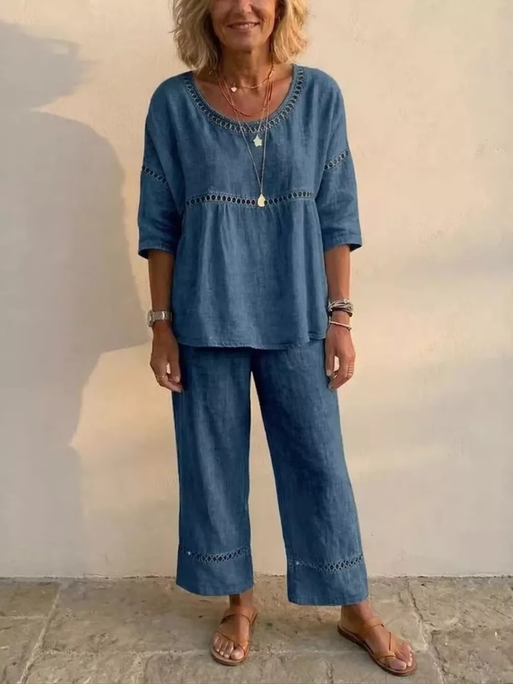 Full Size Hollow-Out Detailing Top and Pants Set Plus Size