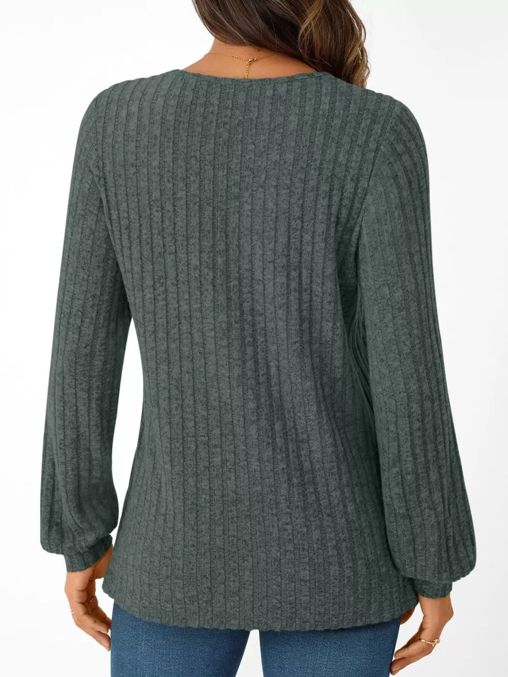 Ribbed Knit V-Neck Long Sleeve T-Shirt, image 4