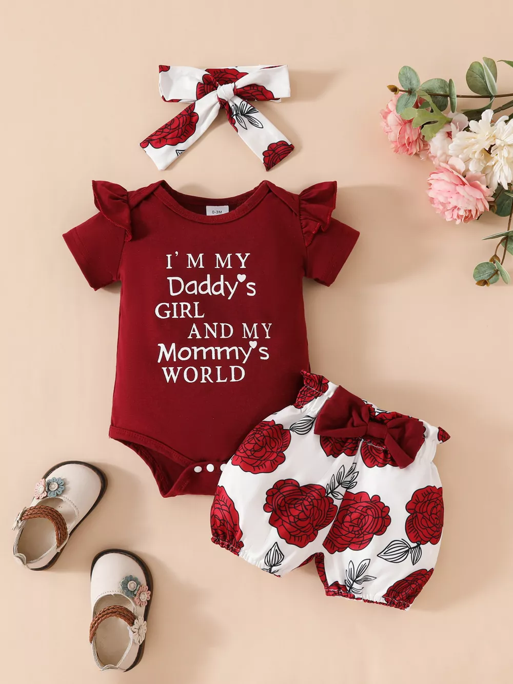 Children's Ruffled Bodysuit and Floral Shorts Set with Headband