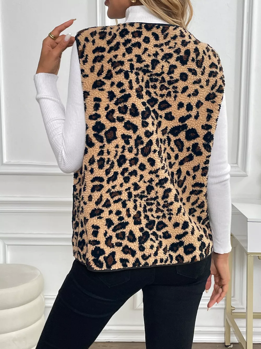 Leopard Fleece Vest Coat with Pockets, image 7