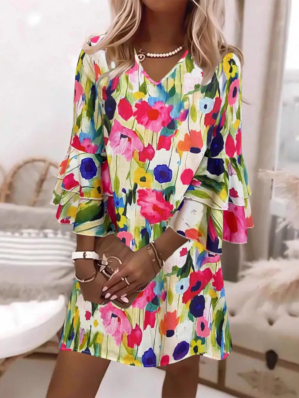 Floral Print Tiered Ruffle Sleeve Casual Mini Dress