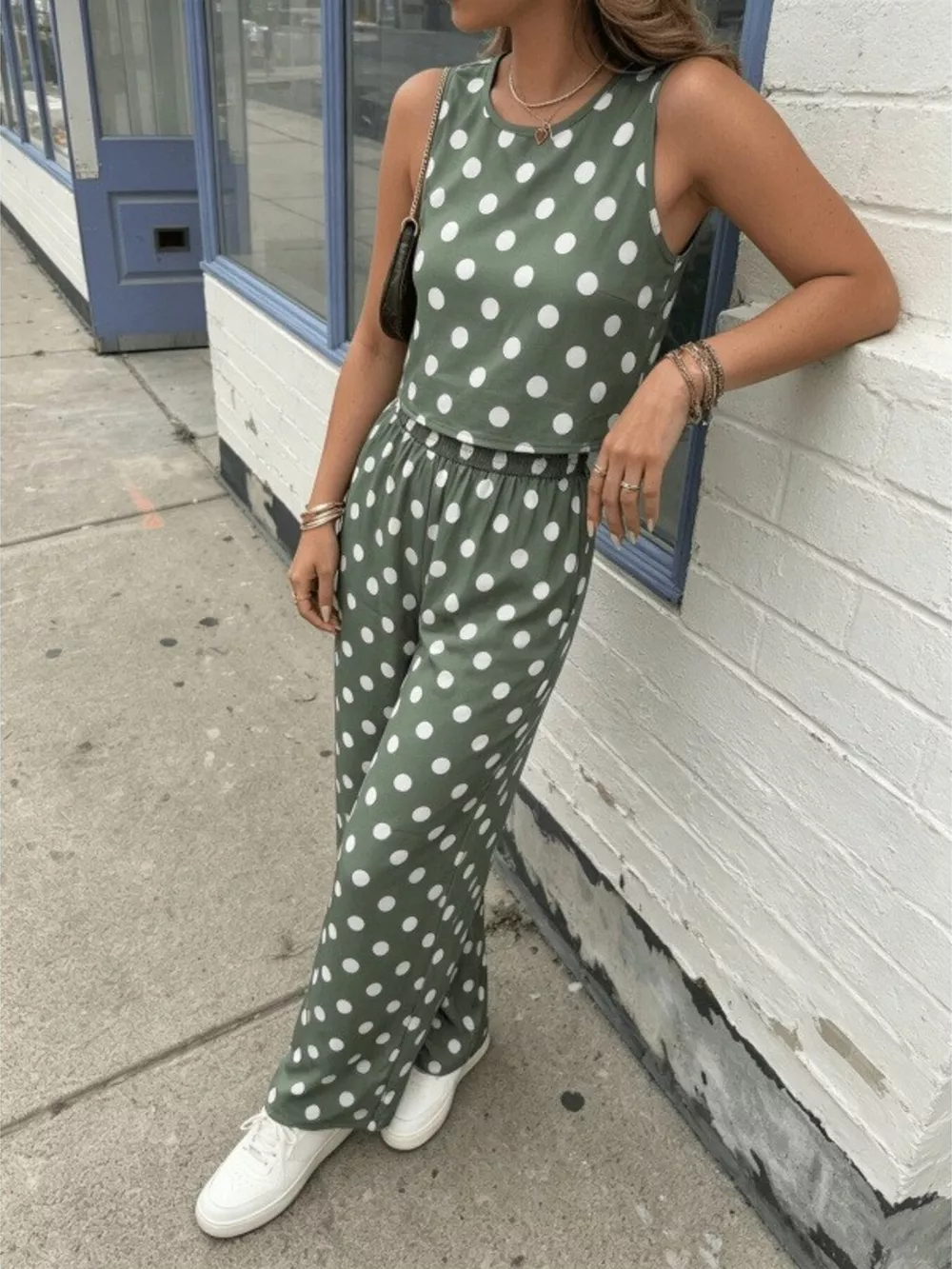 Polka Dot Sleeveless Top and Wide Leg Pants Set, image 3