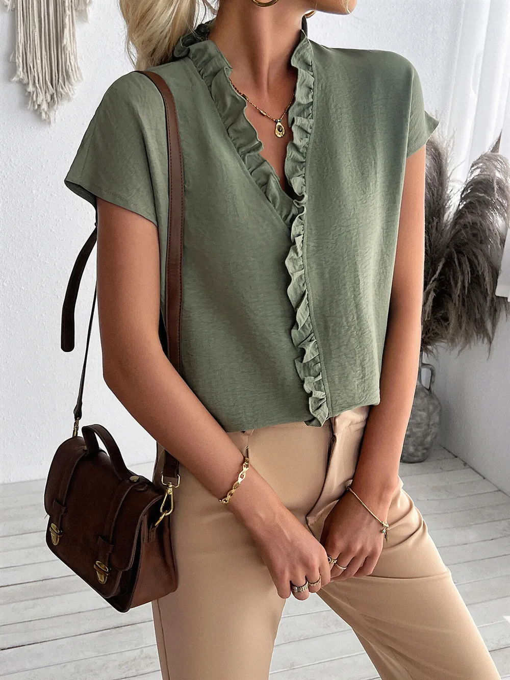Ruffled V-Neck Short Sleeve Blouse