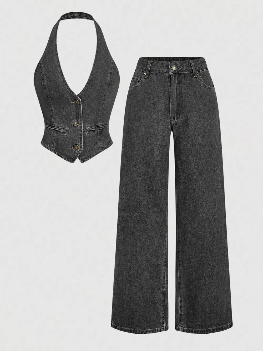 Halter Neck Denim Vest and Wide-Leg Jeans Set, image 9