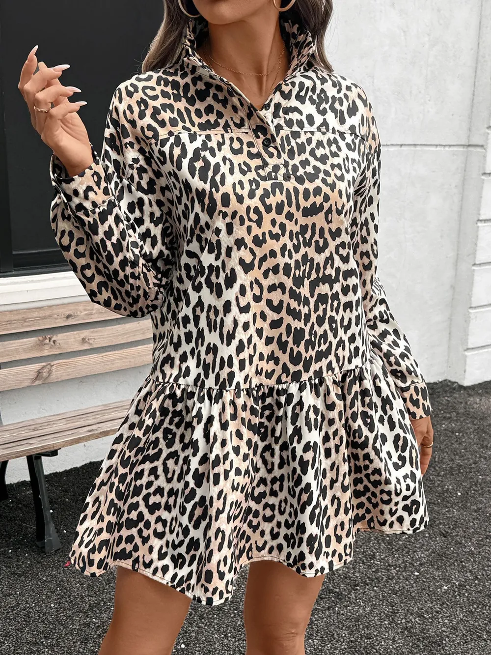 Leopard Print Long Sleeve Mock Neck Mini Dress, image 2