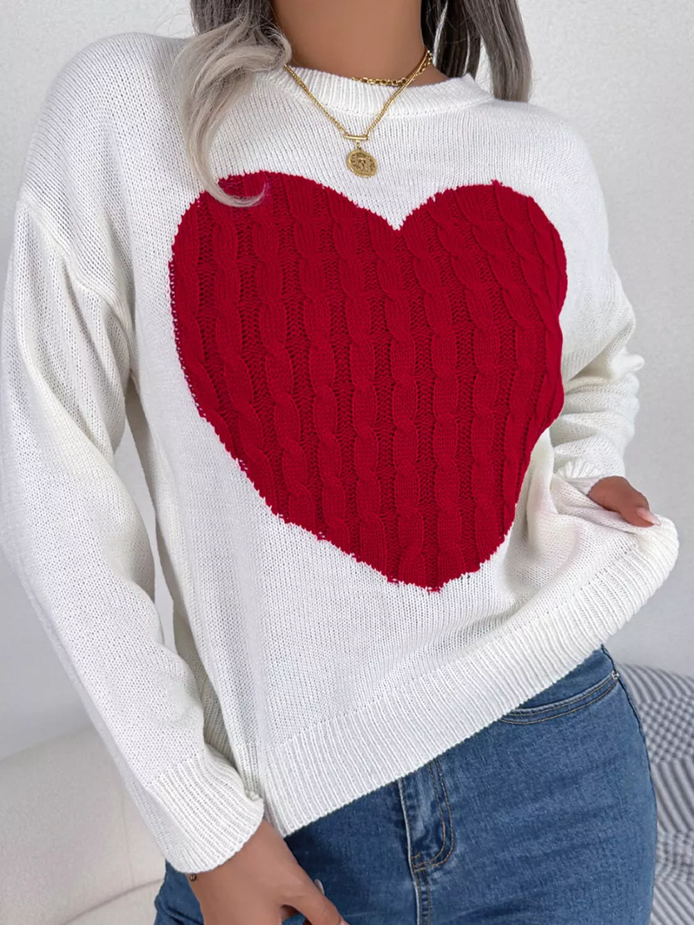 Cable Knit Heart Round Neck Sweater, image 18