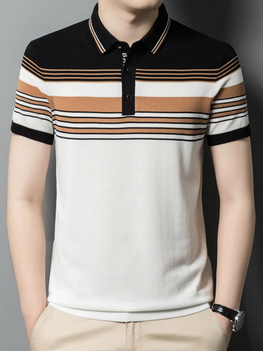 Men's Plus Size Striped Short Sleeve Polo, image 2