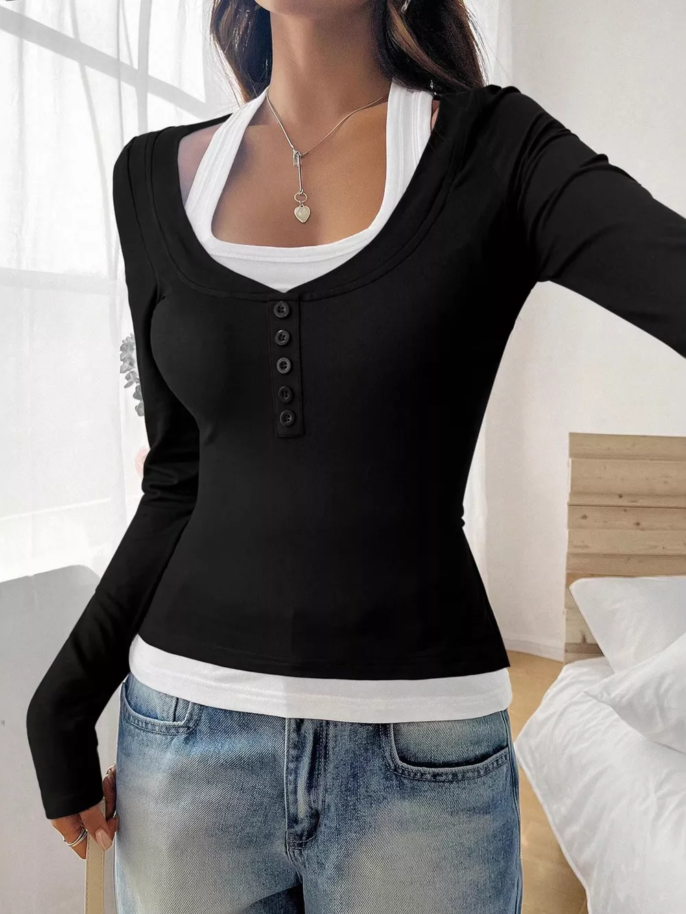 Scoop Neck Long Sleeve Fake Two-Piece T-Shirt, image 12