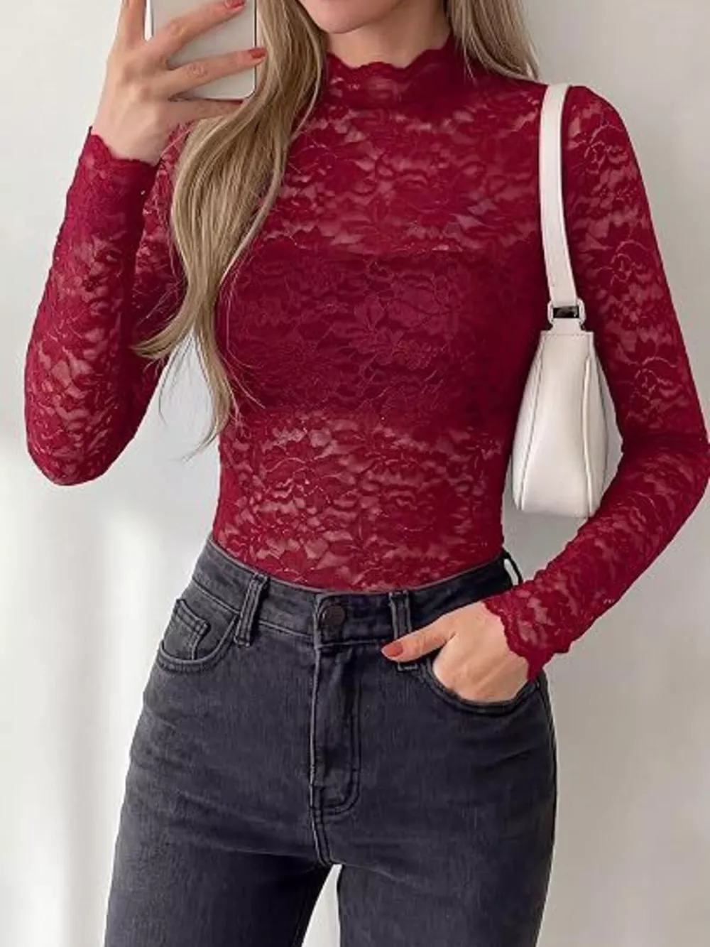 Mock Neck Floral Lace Long Sleeve Blouse, image 11
