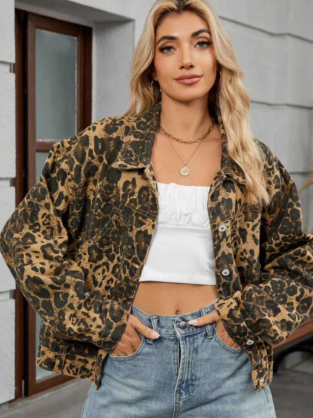 Leopard Print Button Up Denim Jacket, image 3