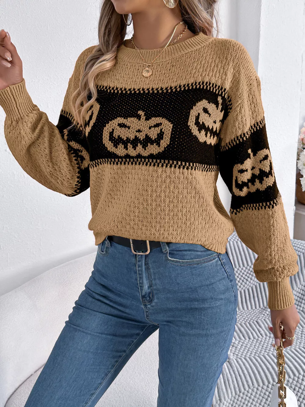 Halloween Pumpkin Pattern Round Neck Sweater, image 13