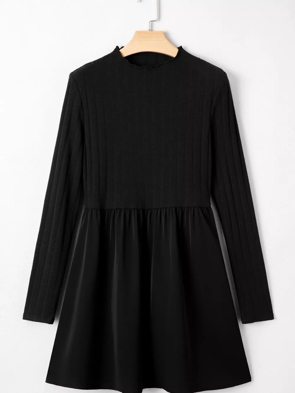 Frilled Neck Ribbed Knit Patchwork Long Sleeve Mini Dress, image 6