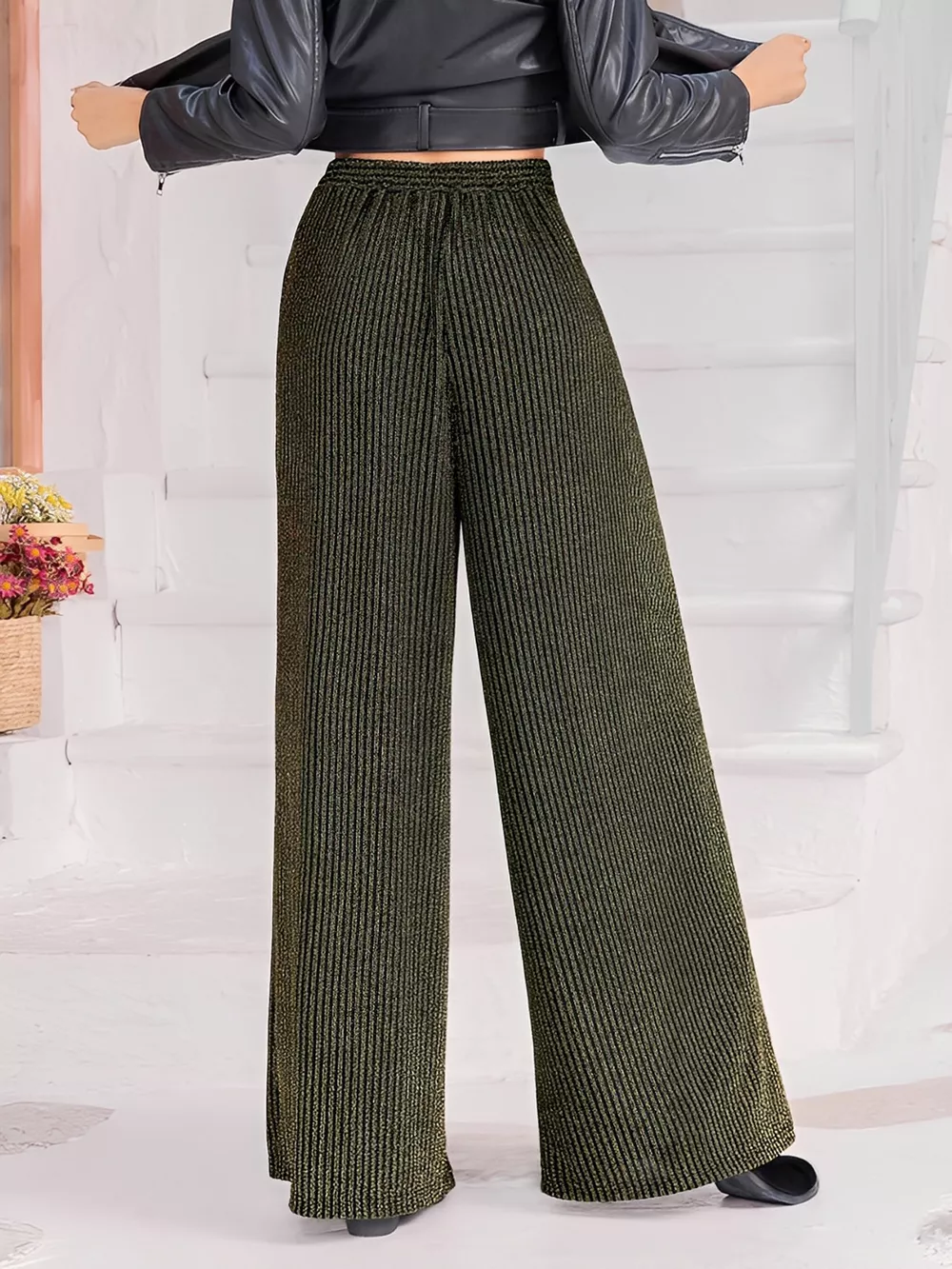 Striped High Waist Tie Wide Leg Pants, image 3