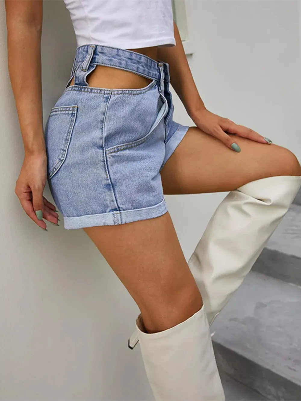 High-Waisted Cutout Denim Shorts, image 2