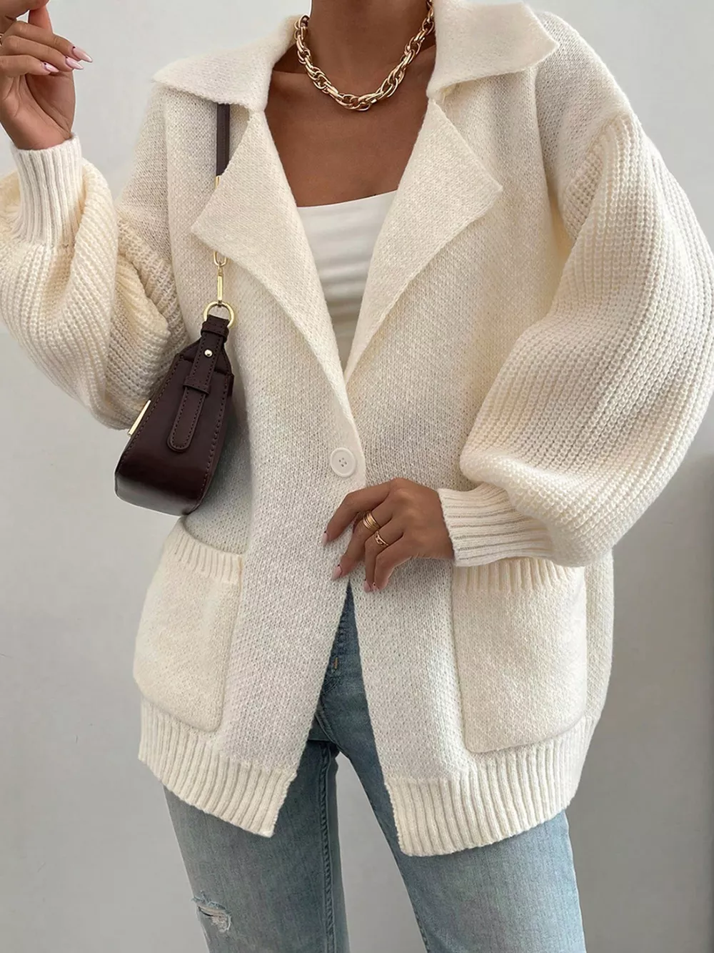 Solid Color Knit Lapel Collar Single Button Sweater Cardigan, image 12