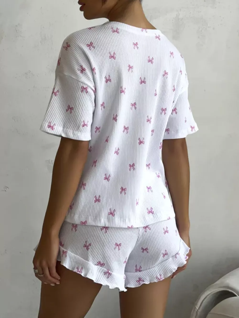 Ribbed Knit Bow Print Top and Shorts Lounge Set, image 6
