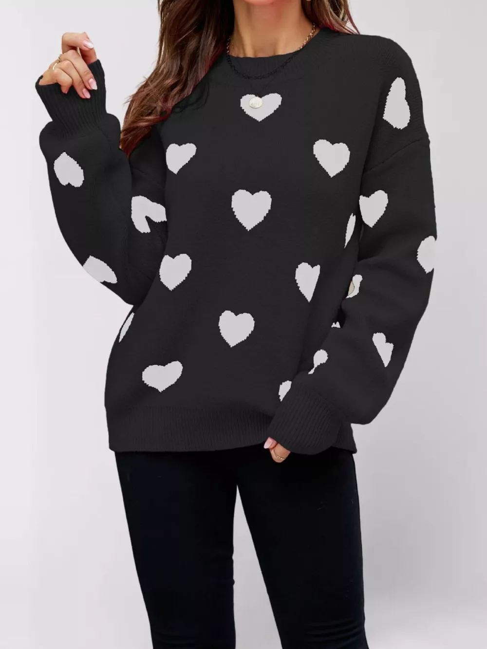 Heart-Patterned Dropped Shoulder Sweater, image 5