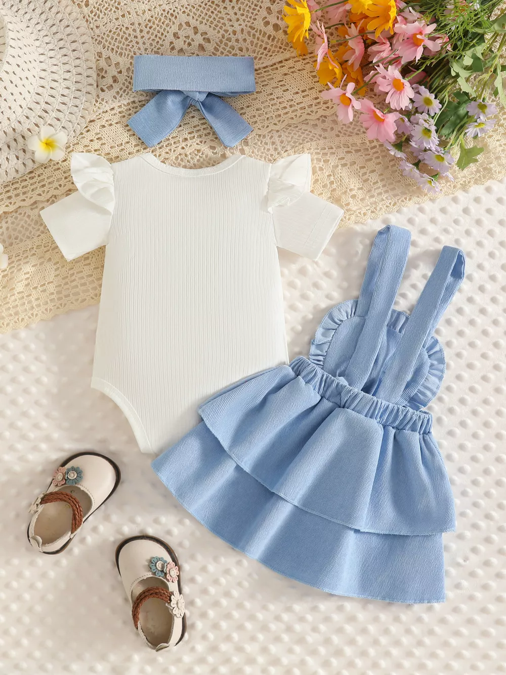 Children's Ribbed Top and Floral Overall Dress Set with Headband, image 9