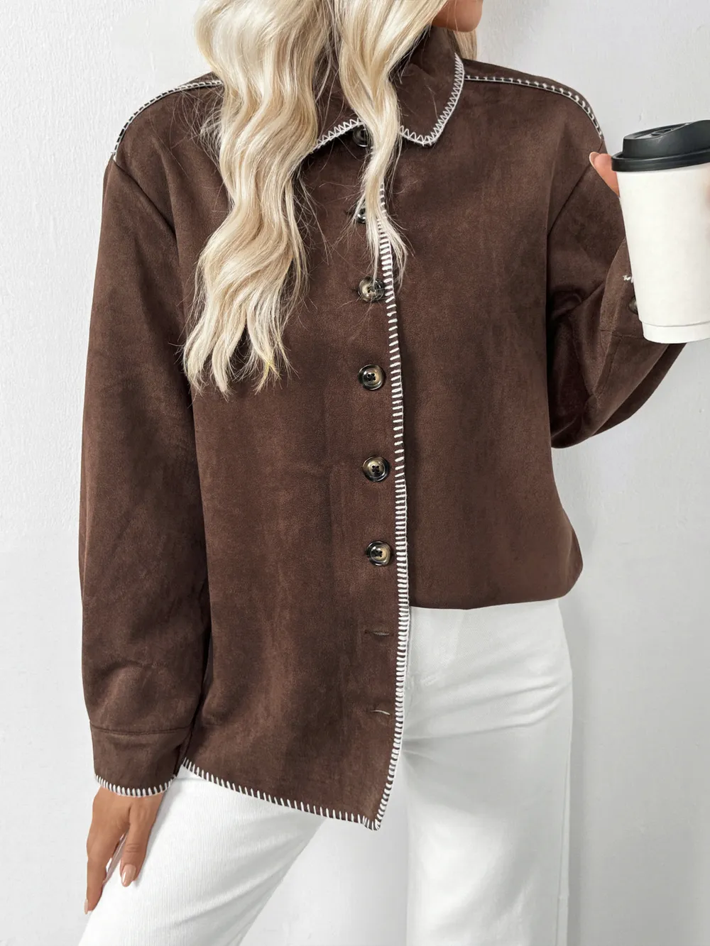 Button Up Contrast Trim Jacket, image 5