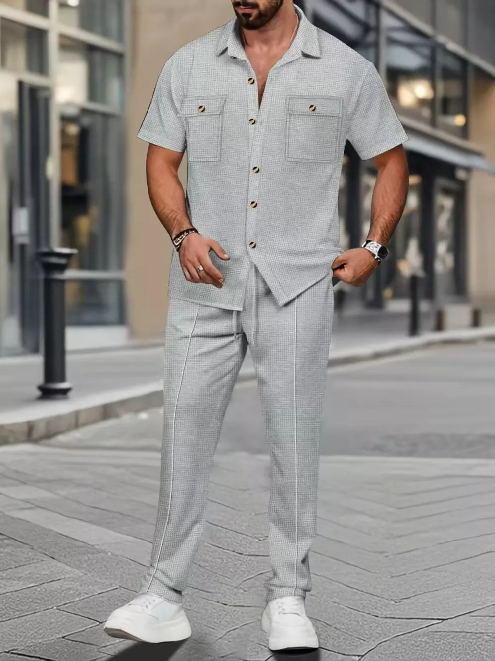 Men's Full Size Casual Short Sleeve Shirt and Pants Set Plus Size, image 4