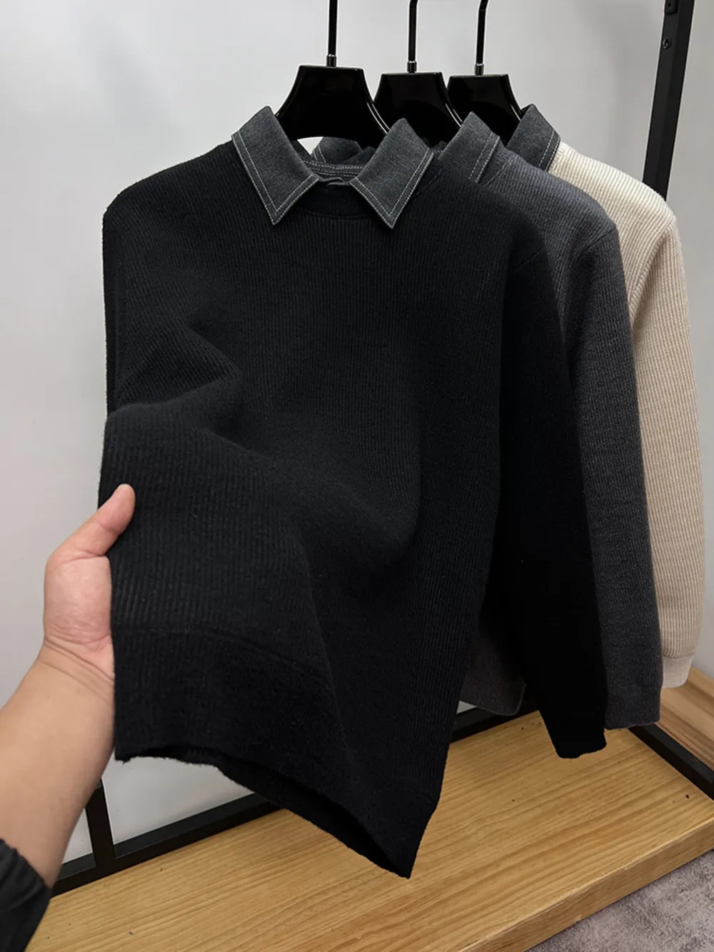 Men's Plus Size Ribbed Knit Collared Neck Sweater, image 2
