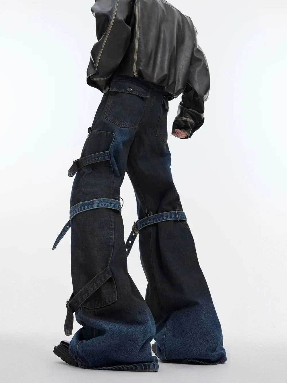 Men's Plus Size Buckle Strap Washed Flare Jeans, image 2