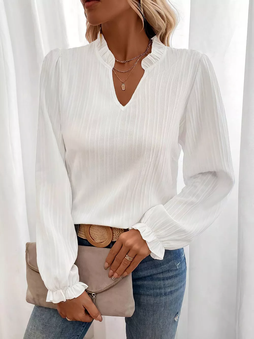 Ruffle Notched Long Sleeve Blouse, image 5