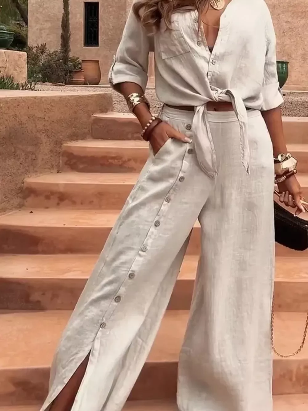 Full Size Tie-Front Shirt and Button-Down Wide-Leg Pants Set Plus Size