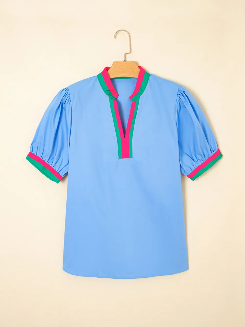 Contrast Trim Notched Short Sleeve Blouse, image 9