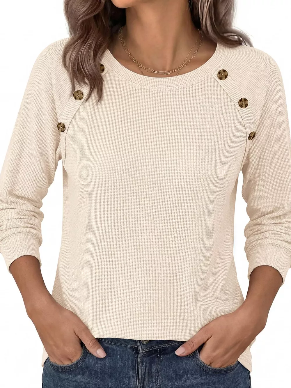 Decorative Button Waffle Knit Long Sleeve T-Shirt, image 5