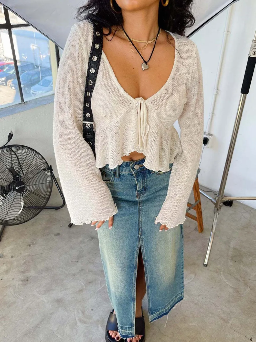 Ruffled Hem Tie-Front Cropped Cardigan, image 6